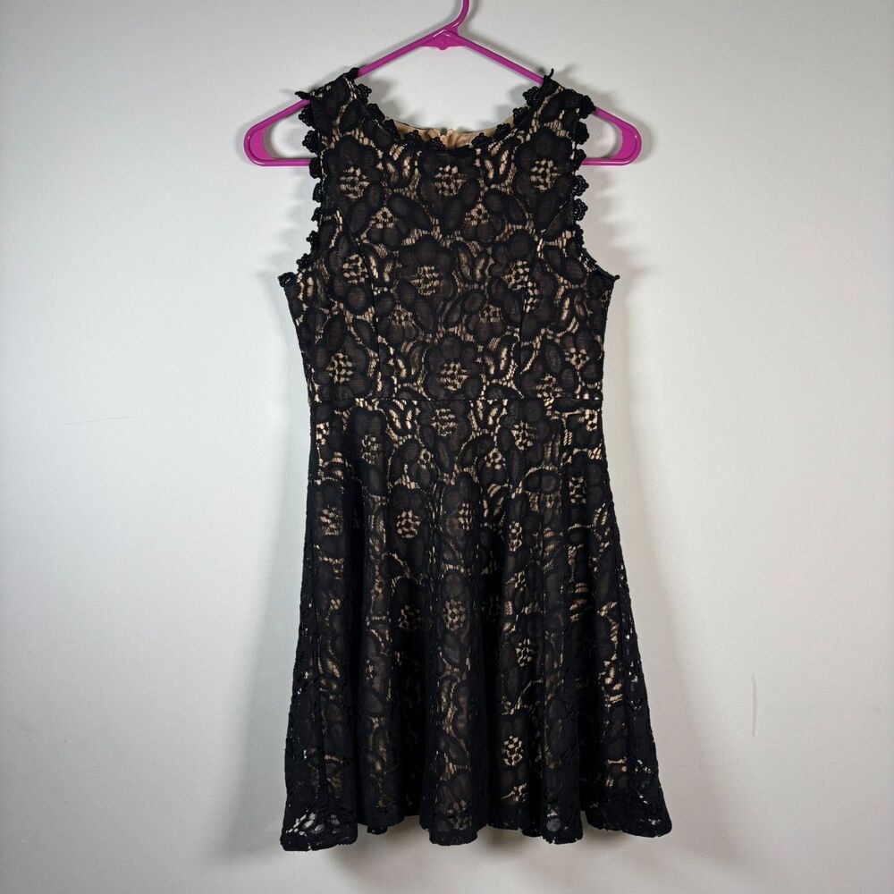 Rare Editions Girls Black Lace Fit Flare Formal Dress Size 14 Nude Lined